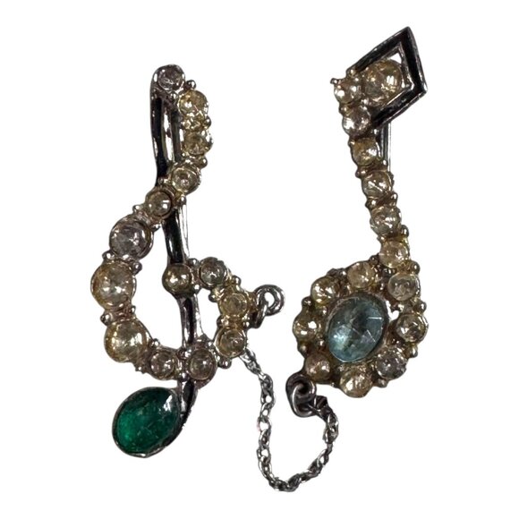 Vtg Crystal Emerald Scarf Clip Chain Lapel Trebel Clef Musician Gift Rhinestone - Picture 1 of 4